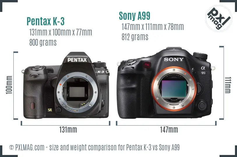 Pentax K-3 vs Sony A99 size comparison