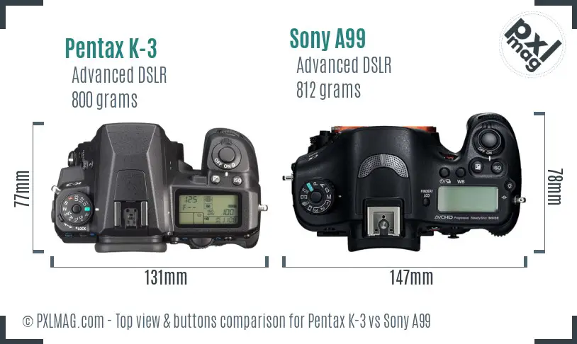 Pentax K-3 vs Sony A99 top view buttons comparison
