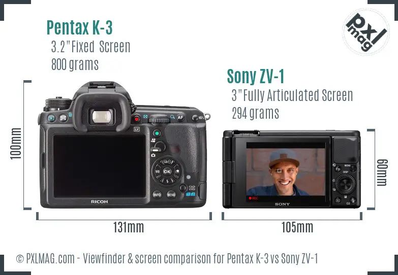 Pentax K-3 vs Sony ZV-1 Screen and Viewfinder comparison Pentax K-3 vs Sony ZV-1 Screen and Viewfinder comparison
