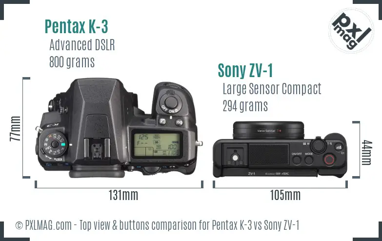 Pentax K-3 vs Sony ZV-1 top view buttons comparison Pentax K-3 vs Sony ZV-1 top view buttons comparison