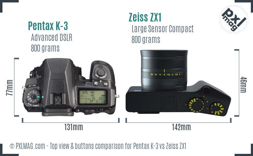 Pentax K-3 vs Zeiss ZX1 top view buttons comparison