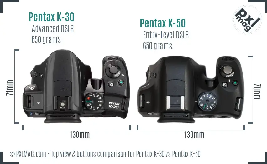 Pentax K-30 vs Pentax K-50 top view buttons comparison