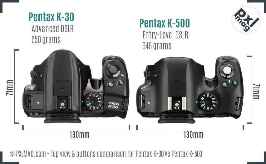 Pentax K-30 vs Pentax K-500 top view buttons comparison