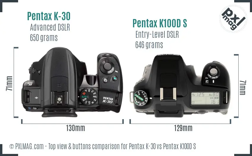 Pentax K-30 vs Pentax K100D S top view buttons comparison