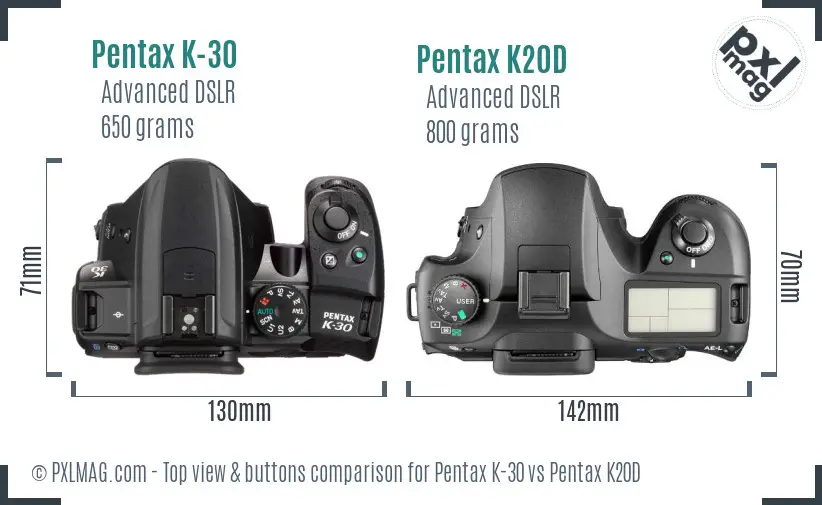 Pentax K-30 vs Pentax K20D top view buttons comparison