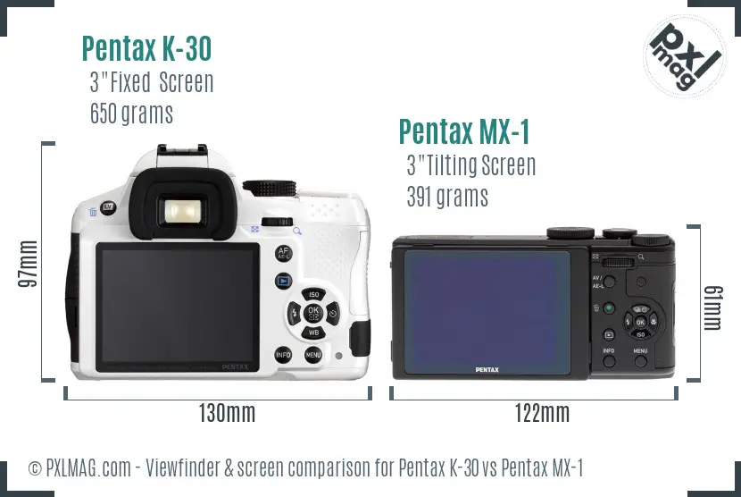 Pentax K-30 vs Pentax MX-1 Screen and Viewfinder comparison