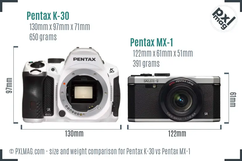 Pentax K-30 vs Pentax MX-1 size comparison