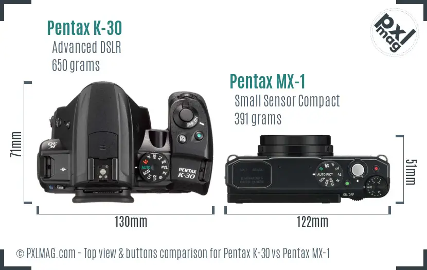 Pentax K-30 vs Pentax MX-1 top view buttons comparison