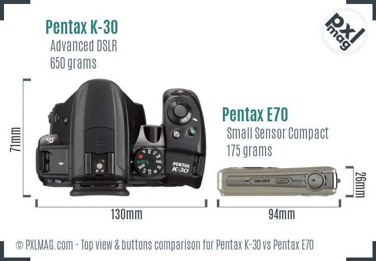 Pentax K-30 vs Pentax E70 top view buttons comparison