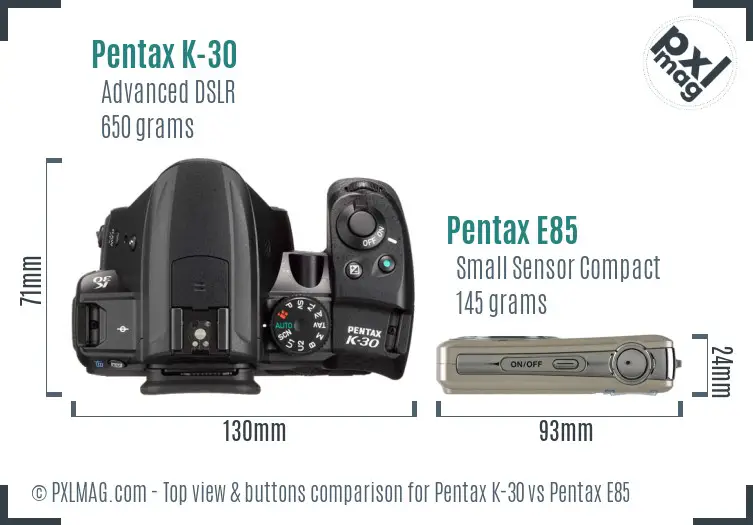 Pentax K-30 vs Pentax E85 top view buttons comparison