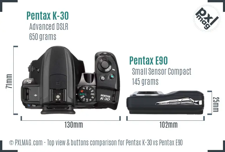 Pentax K-30 vs Pentax E90 top view buttons comparison