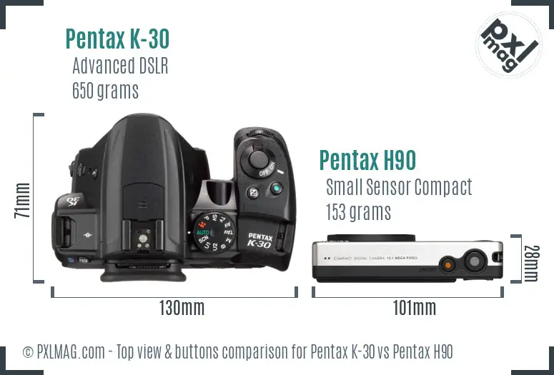Pentax K-30 vs Pentax H90 top view buttons comparison