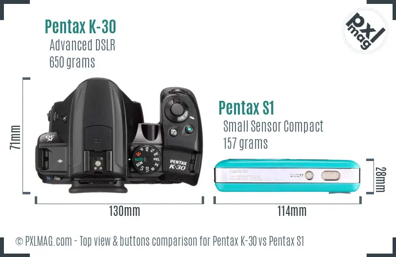 Pentax K-30 vs Pentax S1 top view buttons comparison