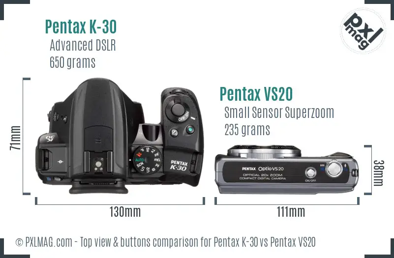 Pentax K-30 vs Pentax VS20 top view buttons comparison