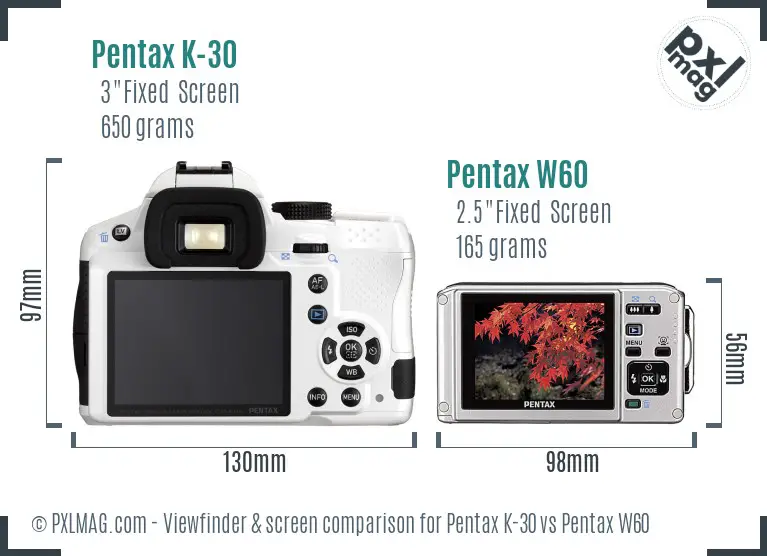 Pentax K-30 vs Pentax W60 Screen and Viewfinder comparison