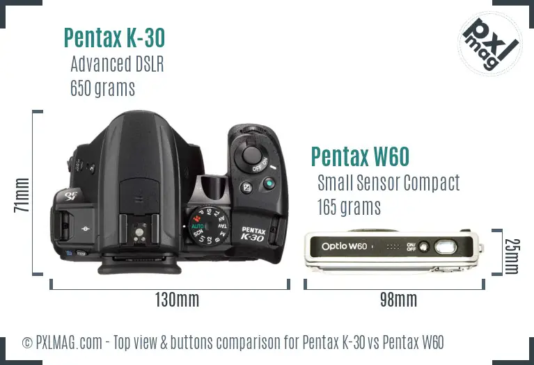 Pentax K-30 vs Pentax W60 top view buttons comparison