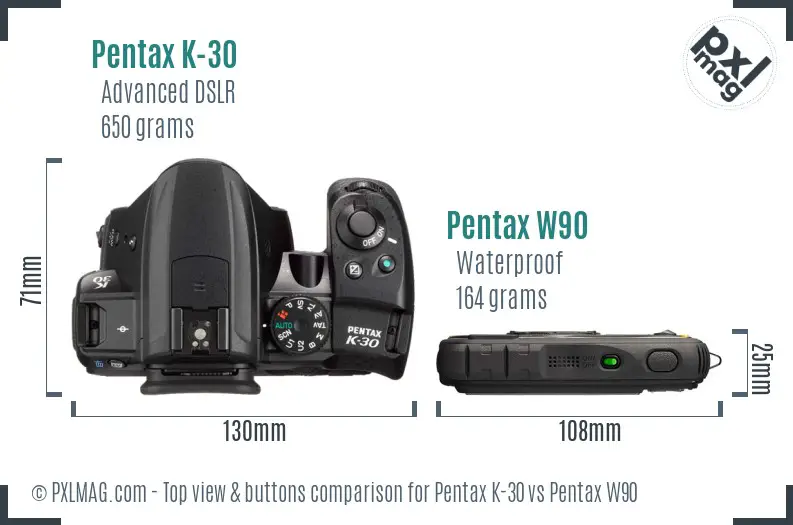Pentax K-30 vs Pentax W90 top view buttons comparison