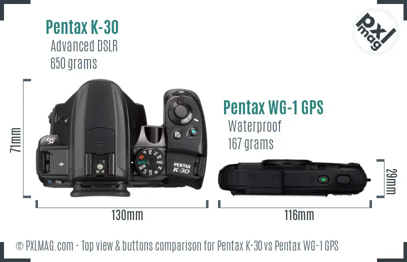 Pentax K-30 vs Pentax WG-1 GPS top view buttons comparison
