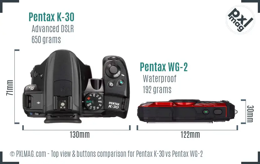 Pentax K-30 vs Pentax WG-2 top view buttons comparison