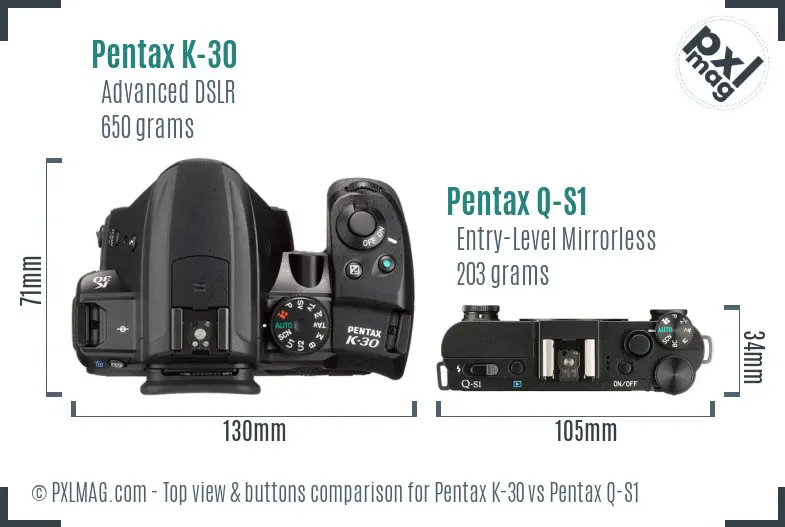Pentax K-30 vs Pentax Q-S1 top view buttons comparison