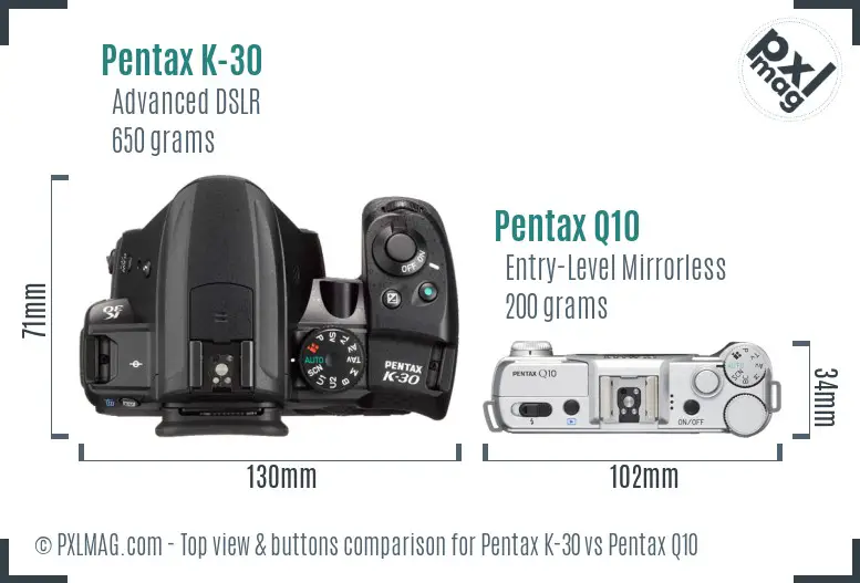 Pentax K-30 vs Pentax Q10 top view buttons comparison