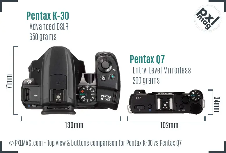 Pentax K-30 vs Pentax Q7 top view buttons comparison