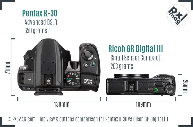 Pentax K-30 vs Ricoh GR Digital III top view buttons comparison