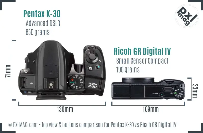 Pentax K-30 vs Ricoh GR Digital IV top view buttons comparison