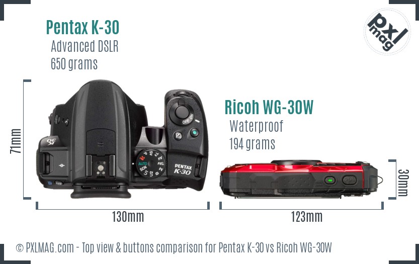 Pentax K-30 vs Ricoh WG-30W top view buttons comparison
