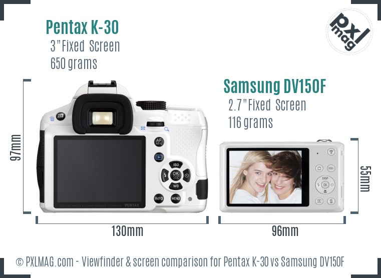 Pentax K-30 vs Samsung DV150F Screen and Viewfinder comparison