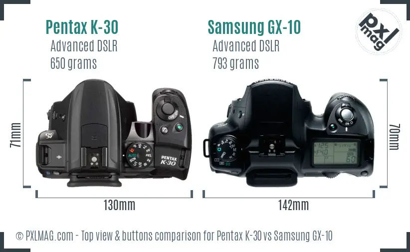 Pentax K-30 vs Samsung GX-10 top view buttons comparison