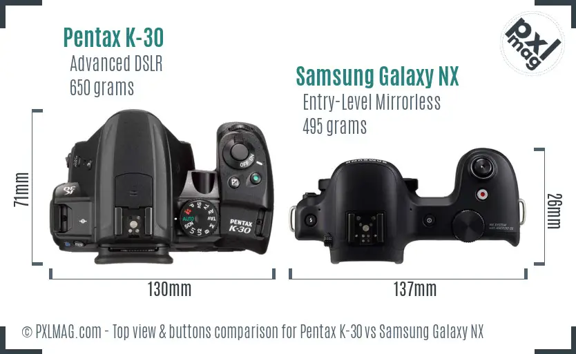 Pentax K-30 vs Samsung Galaxy NX top view buttons comparison