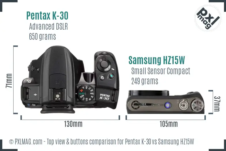 Pentax K-30 vs Samsung HZ15W top view buttons comparison