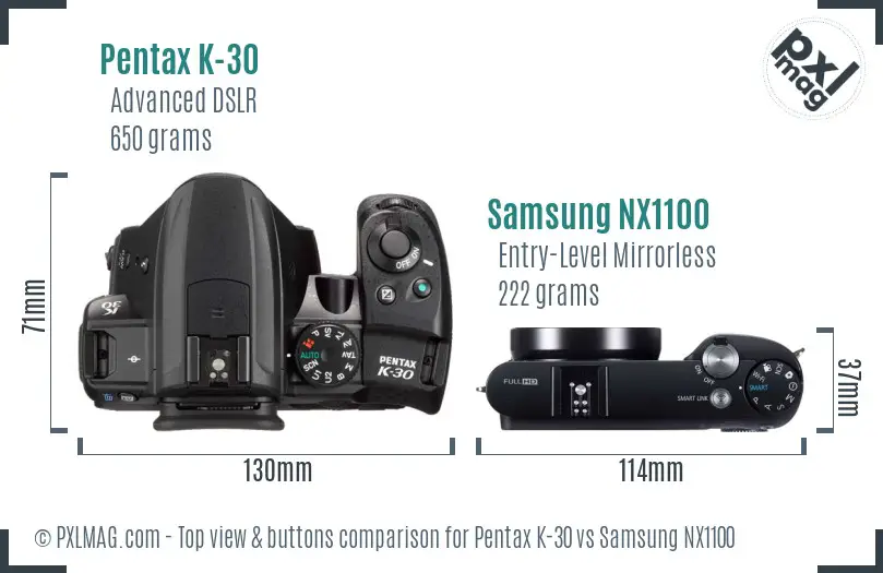 Pentax K-30 vs Samsung NX1100 top view buttons comparison