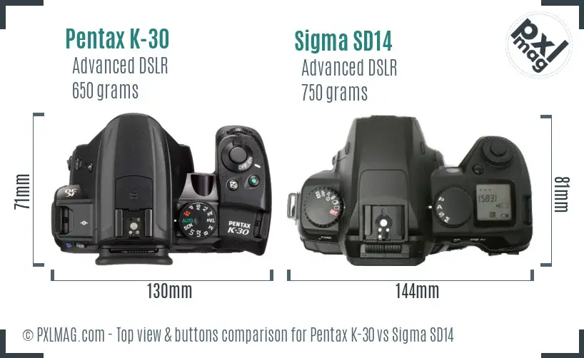 Pentax K-30 vs Sigma SD14 top view buttons comparison