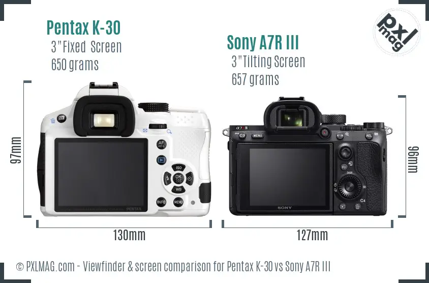 Pentax K-30 vs Sony A7R III Screen and Viewfinder comparison