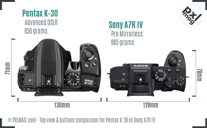 Pentax K-30 vs Sony A7R IV top view buttons comparison