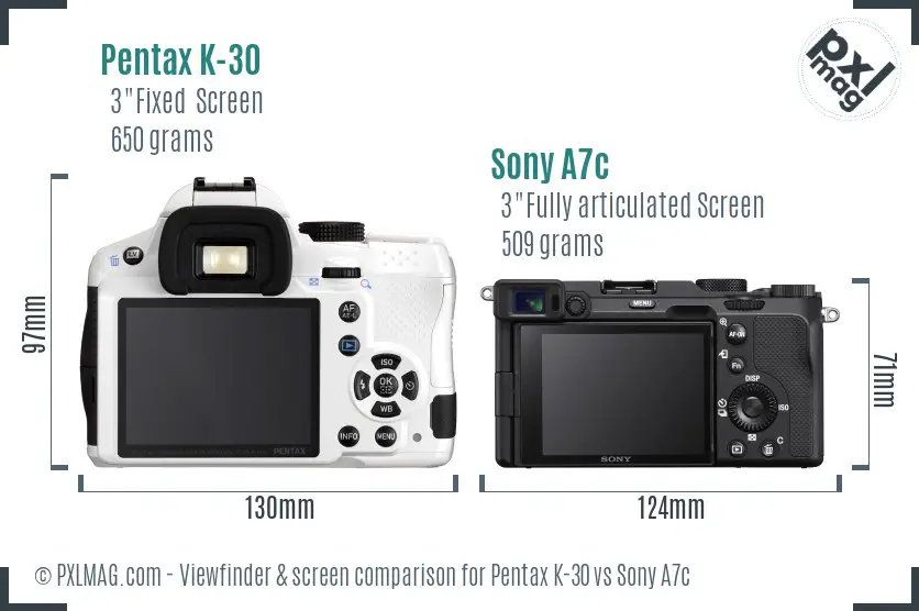 Pentax K-30 vs Sony A7c Screen and Viewfinder comparison