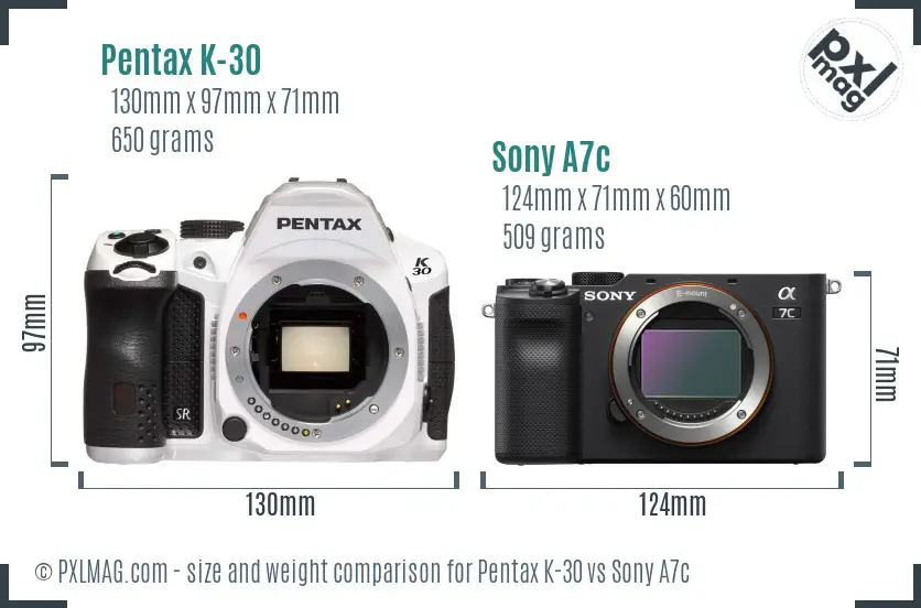 Pentax K-30 vs Sony A7c size comparison