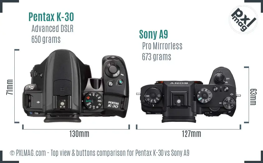 Pentax K-30 vs Sony A9 top view buttons comparison Pentax K-30 vs Sony A9 top view buttons comparison