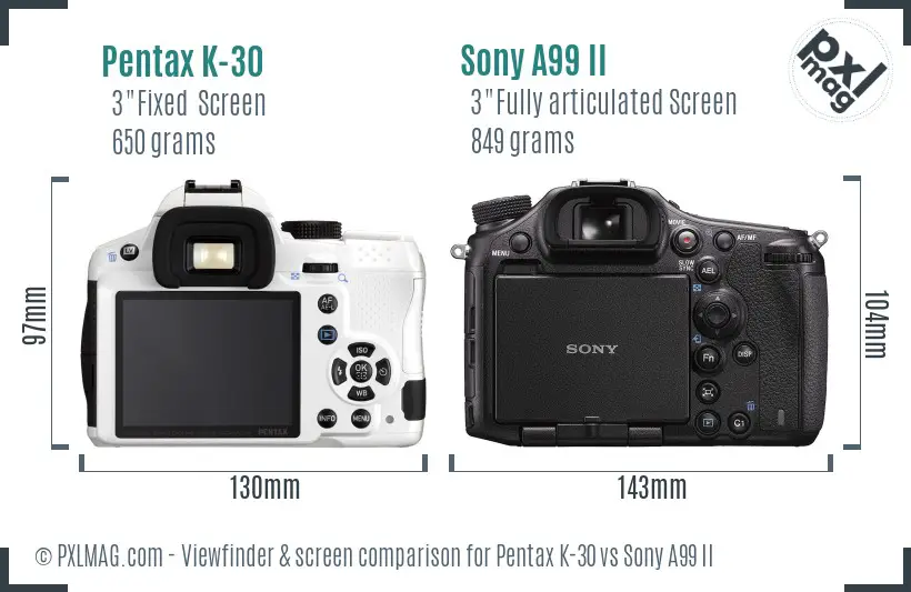 Pentax K-30 vs Sony A99 II Screen and Viewfinder comparison