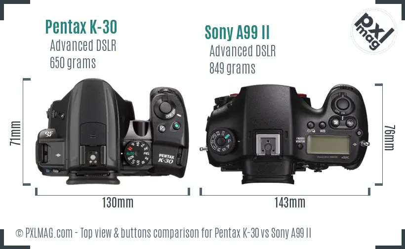 Pentax K-30 vs Sony A99 II top view buttons comparison