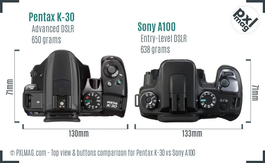 Pentax K-30 vs Sony A100 top view buttons comparison