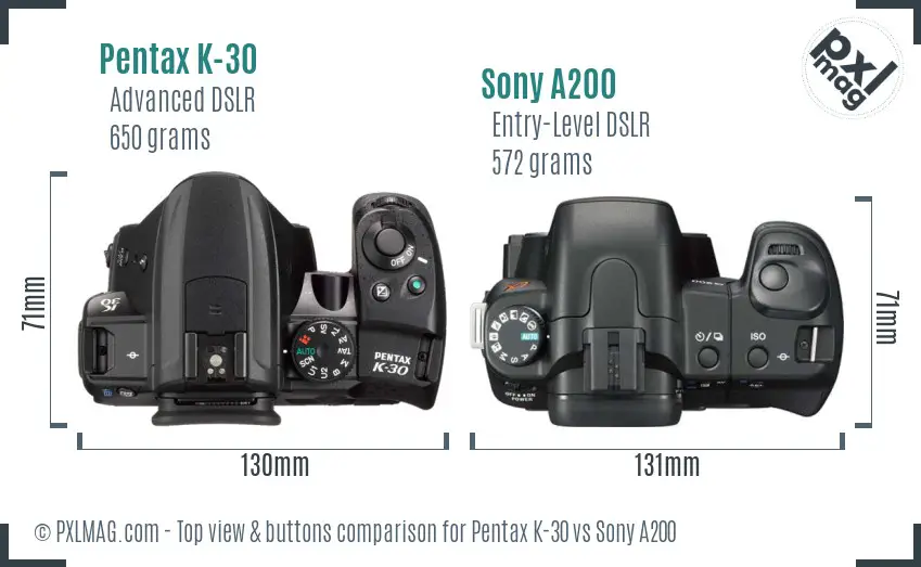 Pentax K-30 vs Sony A200 top view buttons comparison Pentax K-30 vs Sony A200 top view buttons comparison