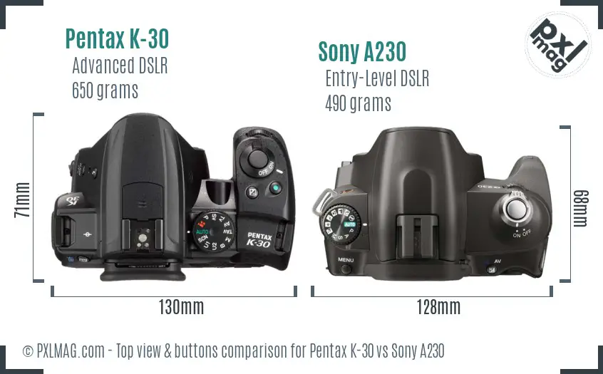 Pentax K-30 vs Sony A230 top view buttons comparison Pentax K-30 vs Sony A230 top view buttons comparison