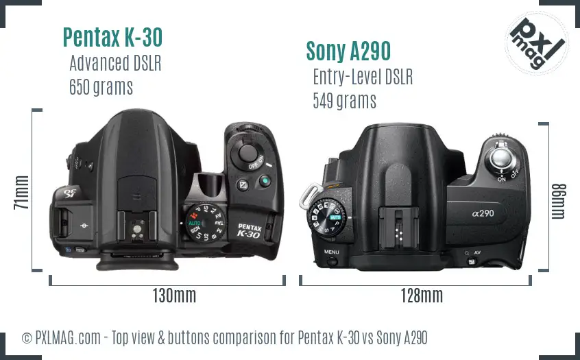 Pentax K-30 vs Sony A290 top view buttons comparison