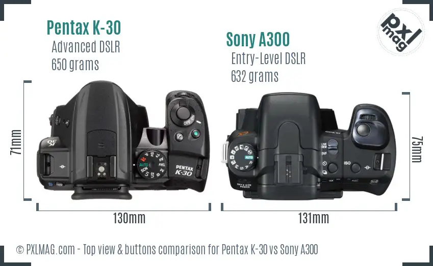 Pentax K-30 vs Sony A300 top view buttons comparison Pentax K-30 vs Sony A300 top view buttons comparison