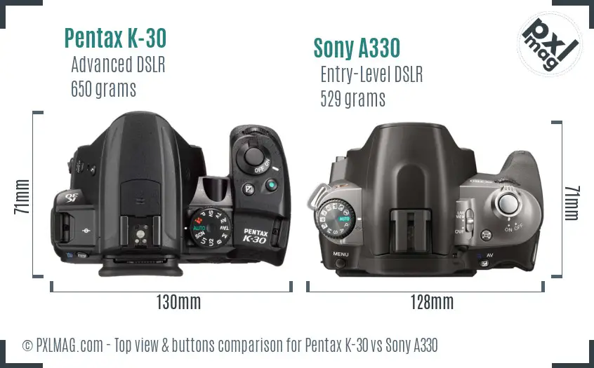 Pentax K-30 vs Sony A330 top view buttons comparison Pentax K-30 vs Sony A330 top view buttons comparison