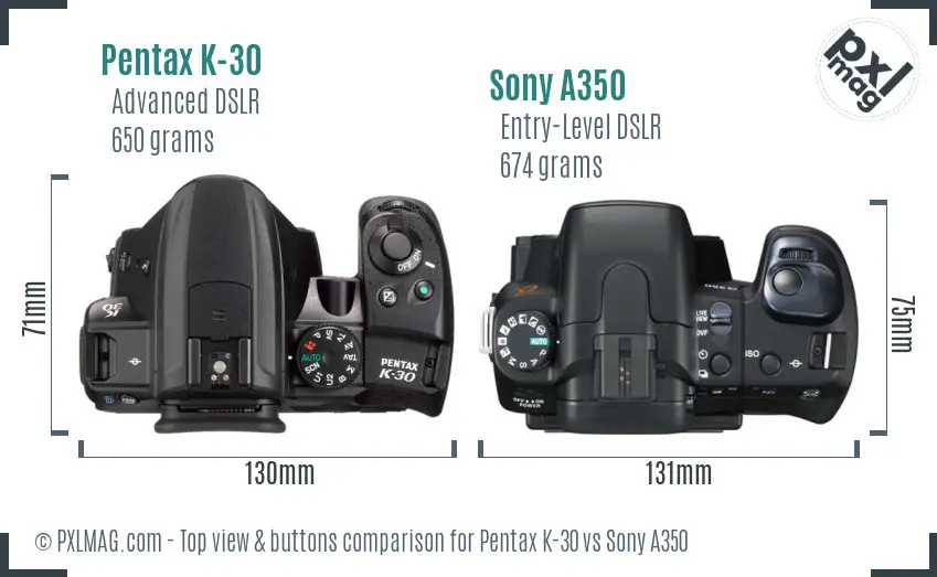 Pentax K-30 vs Sony A350 top view buttons comparison