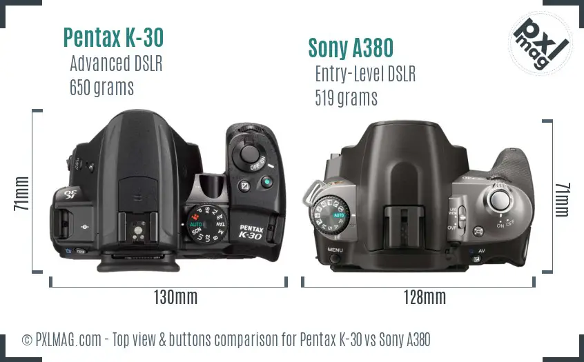 Pentax K-30 vs Sony A380 top view buttons comparison